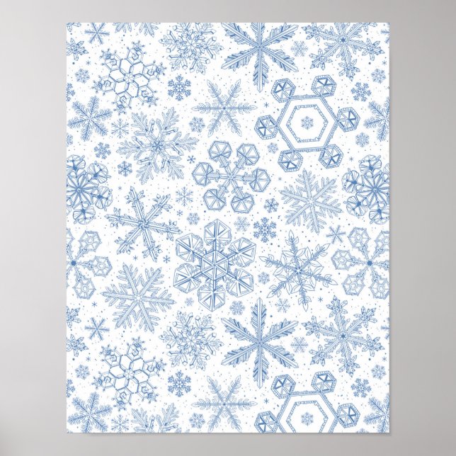 Graue Schneeflocken auf weißem Grund Poster (Vorne)