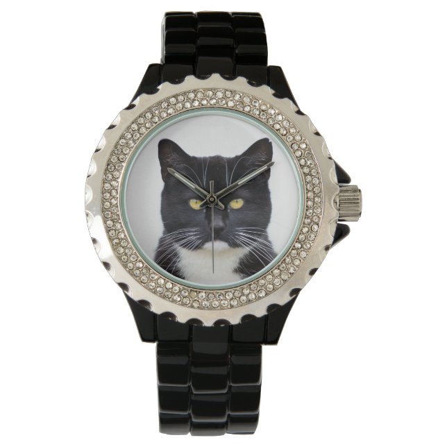 graue Schwarz-Weiß-Katze-Uhr Armbanduhr (Vorderseite)