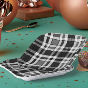 Graue Schwarz-weiße Flannel Kariertes Tartan Desig Pappteller
