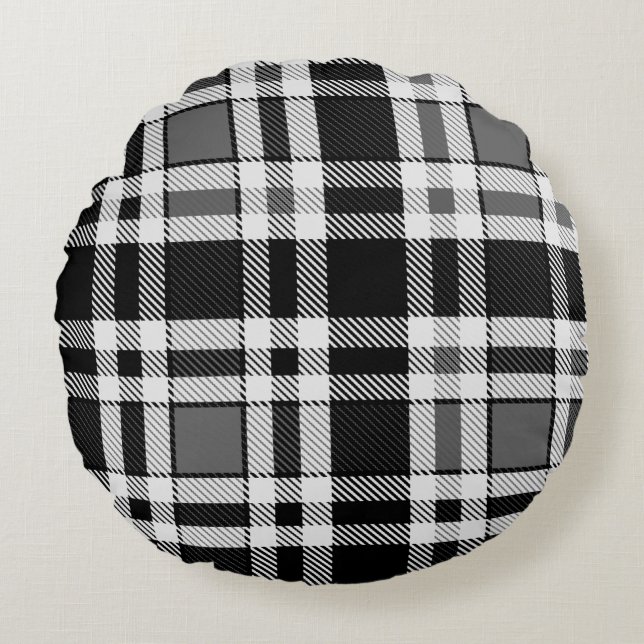 Graue Schwarz-weiße Flannel Kariertes Tartan Desig Rundes Kissen (Vorderseite)