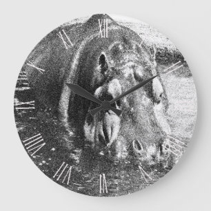 Graue Schwarz-weiße Hippo-Kunst, Pocket Wall Uhr