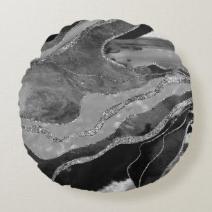 Graue Schwarz-weiße Marmorplatte Agate Silver Gli Rundes Kissen