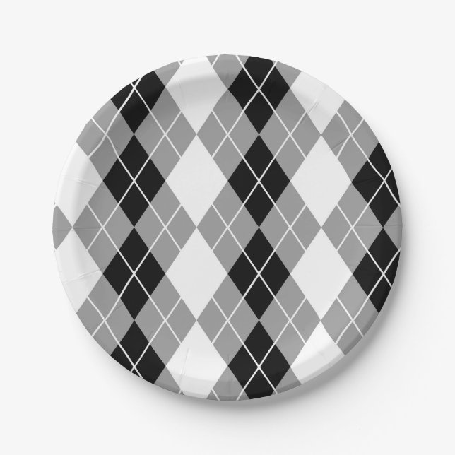 Graue Schwarz-weiße Raute Diamond Design Pappteller (Vorderseite)