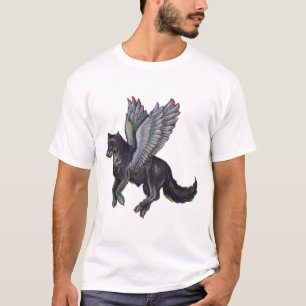 Graue schwarze Fliegen-Wolf-Wolf-Hunde- Flügel T-Shirt