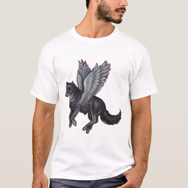 Graue schwarze Fliegen-Wolf-Wolf-Hunde- Flügel T-Shirt (Vorderseite)