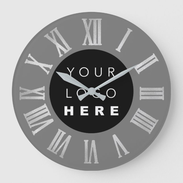 Graue schwarze Silber Graue römische Zahlen Logo Große Wanduhr (Vorderseite)