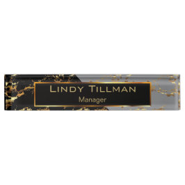 Graue, schwarze und goldene Marmorkonstruktion Namensplakette