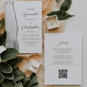 Graue Silber-Achat-QR-Code-Hochzeit Einladung