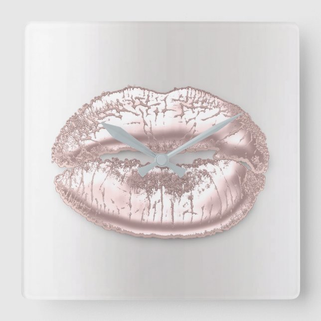 Graue Silber Kiss Lips Rose Gold Makeup Quadratische Wanduhr (Vorderseite)