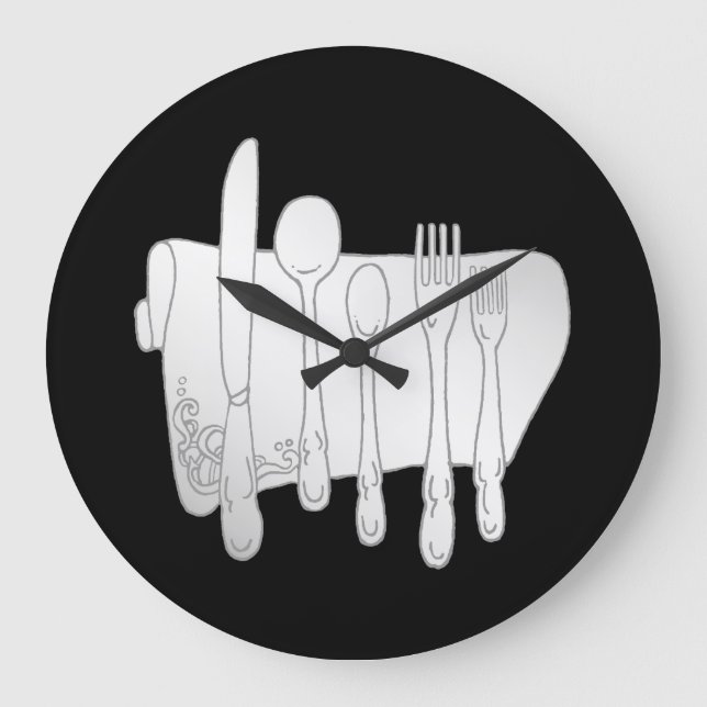 Graue Silberware auf der Black Kitchen Wall Clock Große Wanduhr (Vorderseite)