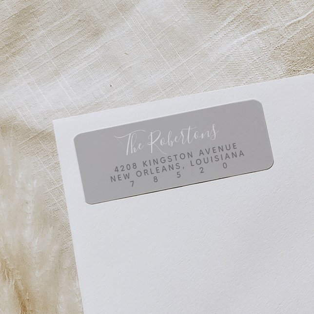 Graue Skriptname-Rücksendeadressen-Aufkleber (Gray modern minimal script return address labels.)