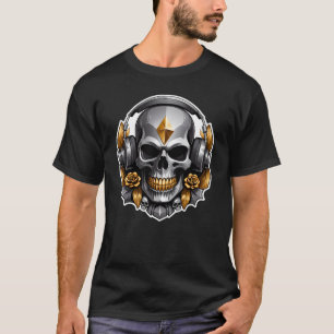 Graue Skull-Gold-Blume mit Kopfhörern T-Shirt