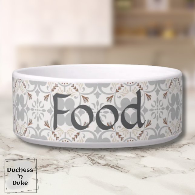 Graue spanische Fliesen personalisierte Hundefutte Napf (Dog Food Bowl - Gray Spanish Tile Personalized)