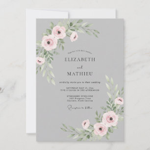 Graue staubige rosa Ranunculus-Eukalyptus-Hochzeit Einladung