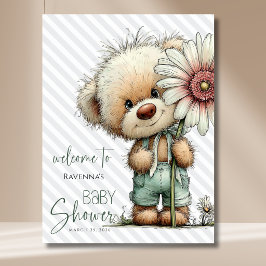 Graue Streifen Bär Große Daisy Baby Shower Willkom Poster
