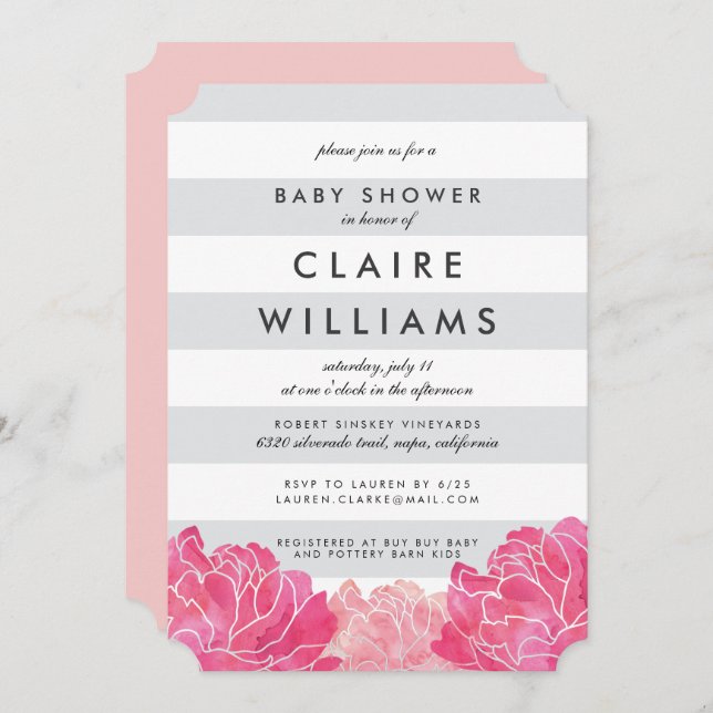 Graue Streifen & Pink Peony Kinderdusche Einladung (Vorne/Hinten)