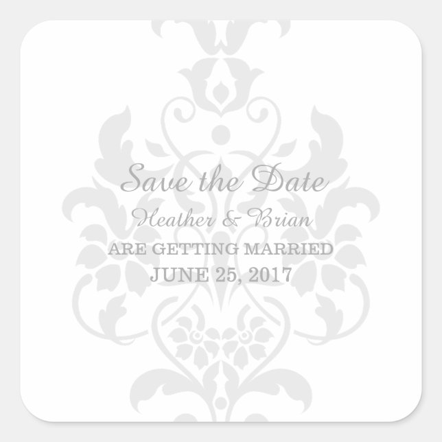 Graue, subtile Damask Save the Date Stickers (Vorderseite)