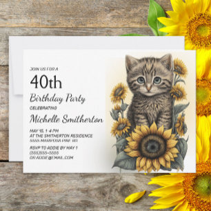 Graue Tabby-Kätzchen Katze Sonnenblumen 40. Geburt Einladung