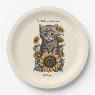 Graue Tabby-Katze Kätzchen Sonnenblumen Geburtstag Pappteller