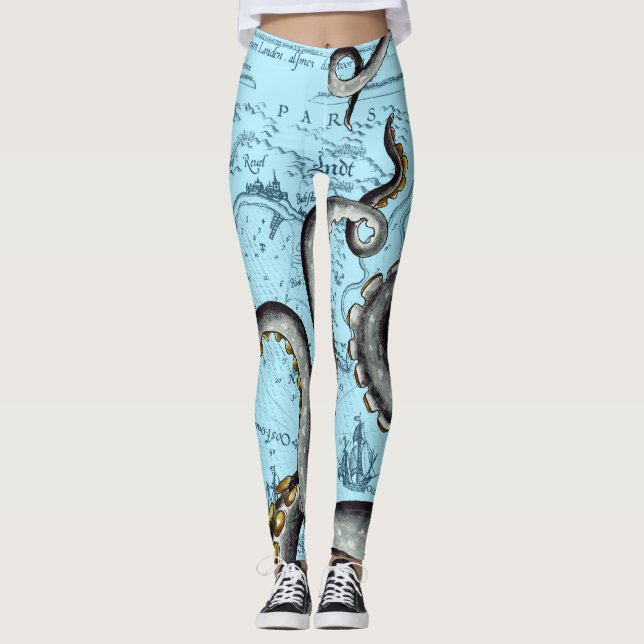Graue Tentacles auf der Vintagen blauen Karte Leggings (Vorderseite)