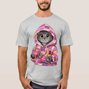 Graue Tigkatze in einem aufbereiteten Quilt-Hoodie T-Shirt