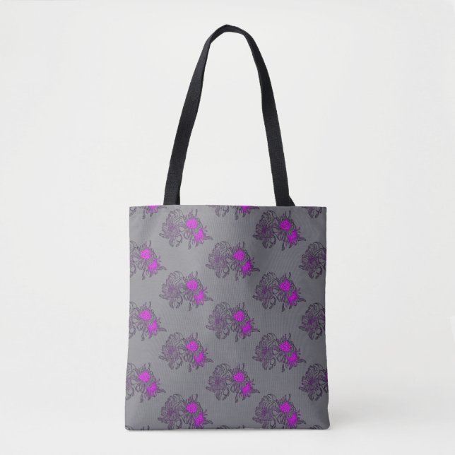 Graue Tote-Tasche mit lila Blumenmuster (Vorderseite)