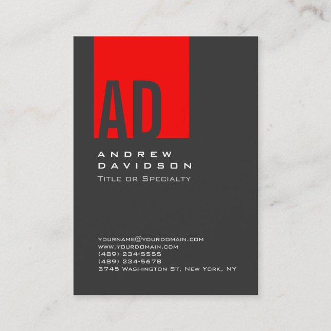 Graue Trend Red Strip Monogram White Business Card Visitenkarte (Vorderseite)