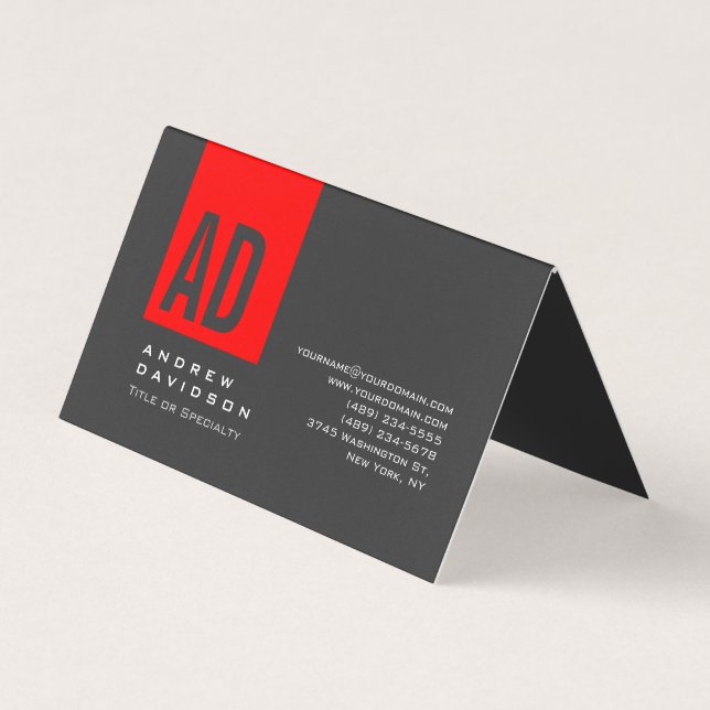 Graue Trendy Red Strip Monogram Business Card Visitenkarten (Vorderseite)