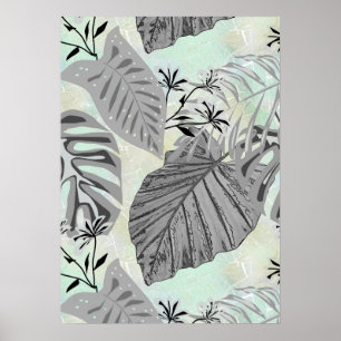 Graue tropische Blätter und Blume. Poster