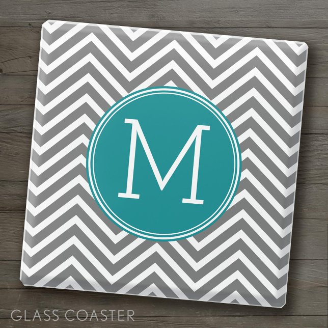 Graue und Aquamarine Chevronen - Custom Monogram Glasuntersetzer (Custom Coaster)
