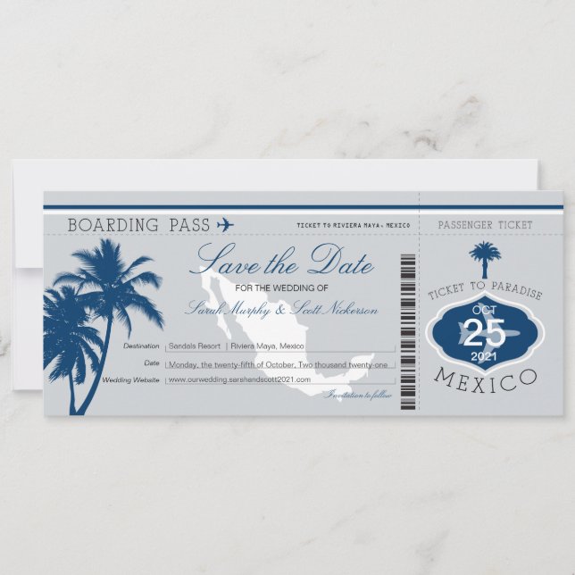 Graue und blaue Mexiko-Boarding-Pass Save the Date (Vorderseite)