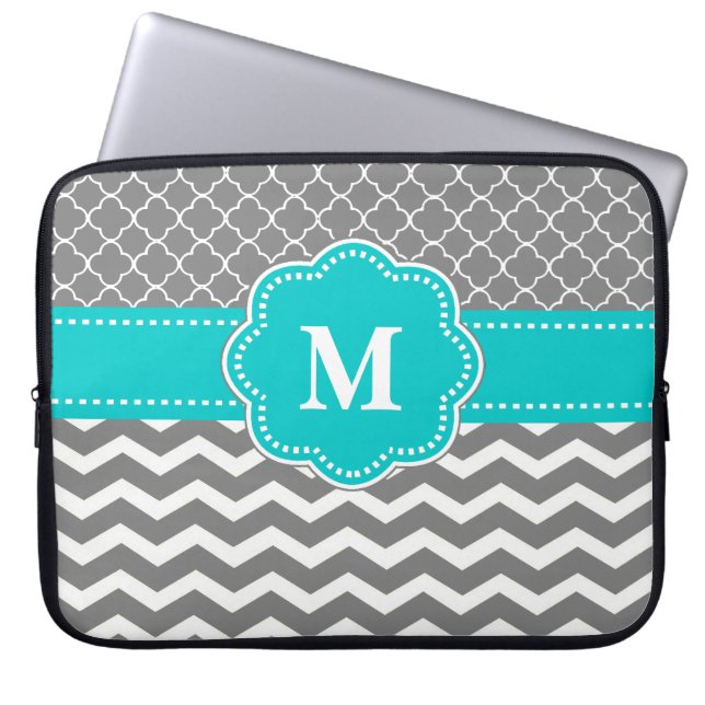 Graue und blaue Zickzack Monogramm-Laptop-Hülse Laptopschutzhülle (Vorderseite)