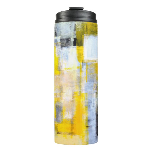 Graue und gelbe Abstrakte Kunstmalerei, Thermosbecher (Vorderseite)
