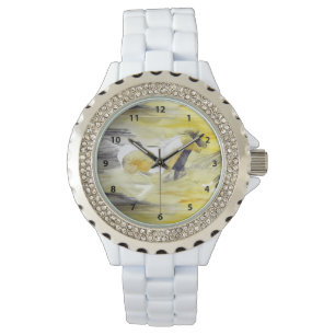 Graue und gelbe Abstrakte Pferdekunst Armbanduhr