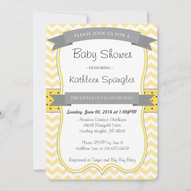 Graue und gelbe Babydusche Einladung (Vorderseite)