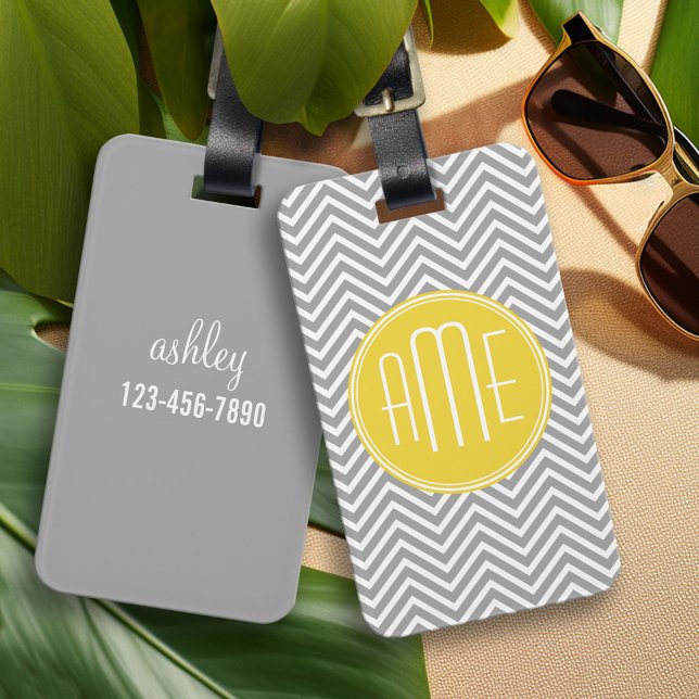 Graue und gelbe Chevronen Custom Monogram Gepäckanhänger (Custom Luggage Tag)
