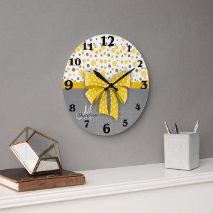 Graue und gelbe Polka-Punkte, sonnige gelbe Schlei Große Wanduhr
