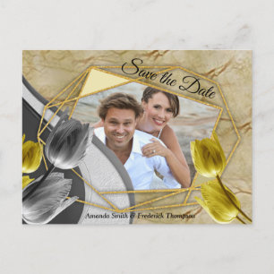 Graue und gelbe Tulpen auf Textur. Ankündigungspostkarte