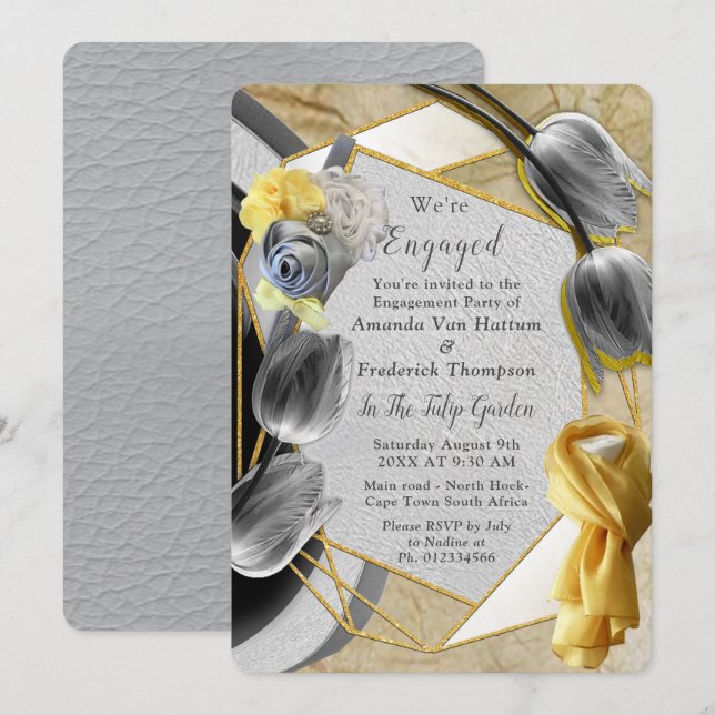 Graue und gelbe Tulpen auf Textur. Einladung (Vorne/Hinten)