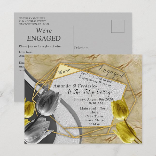 Graue und gelbe Tulpen auf Textur. Einladungspostkarte (Vorne/Hinten)