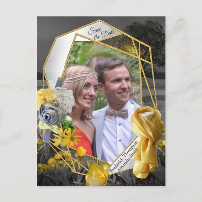 Graue und gelbe Tulpen, Gänse mit Sonnenuntergang Ankündigungspostkarte (Vorderseite)