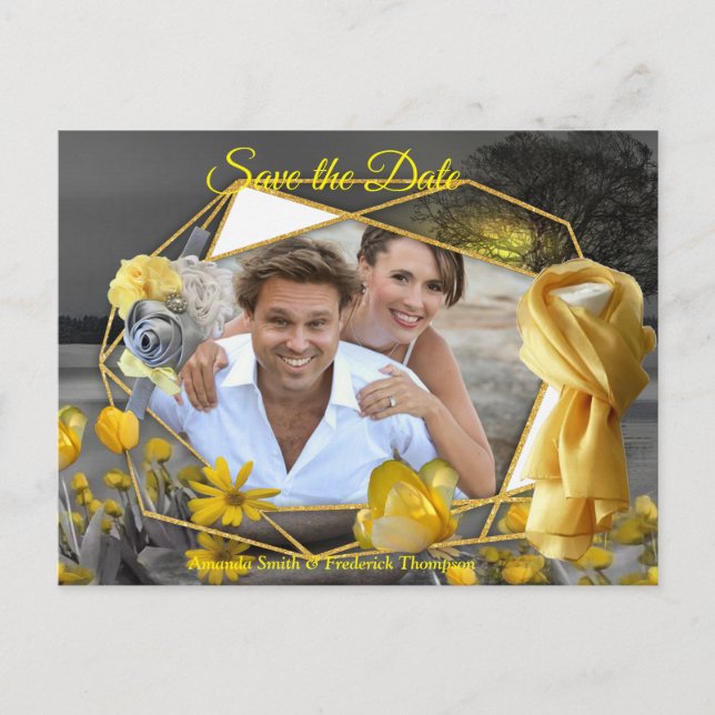 Graue und gelbe Tulpen, Gänse mit Sonnenuntergang Ankündigungspostkarte (Vorderseite)