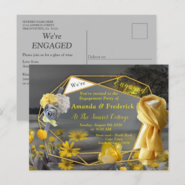 Graue und gelbe Tulpen, Gänse mit Sonnenuntergang Einladungspostkarte (Vorne/Hinten)