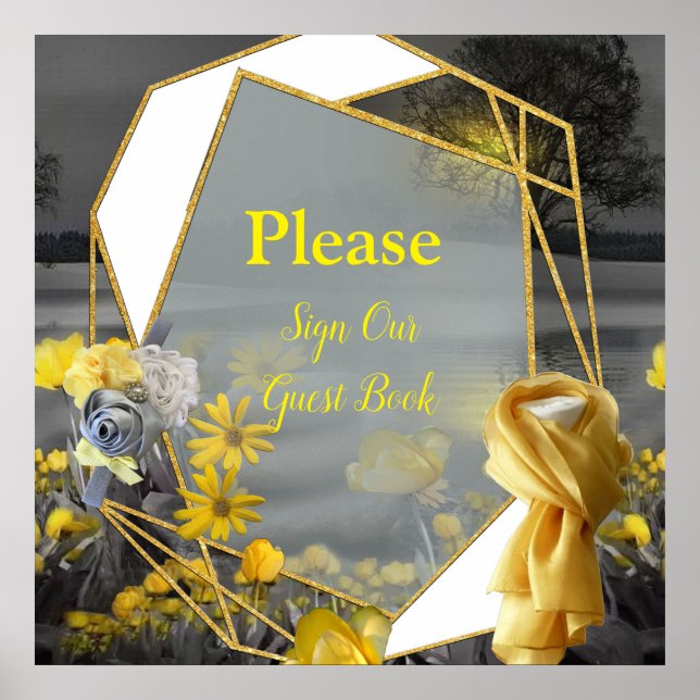 Graue und gelbe Tulpen, Gänse mit Sonnenuntergang Poster (Vorne)