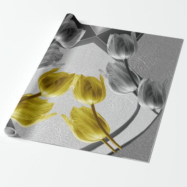 Graue und gelbe Tulpen mit Textur Geschenkpapier (Ungerollt)