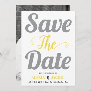 Graue und gelbe Typografie und Foto auf der Rückse Save The Date
