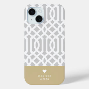 Graue und goldene Gitter-Herz-Monogramm Case-Mate iPhone Hülle