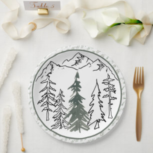 Graue und grüne Minimalistische Outdoorgebirge Bäu Pappteller