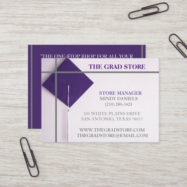 Graue und Lila Graduierungsobergrenze im Einzelhan Visitenkarte (Vorderseite/Rückseite Beispiel)