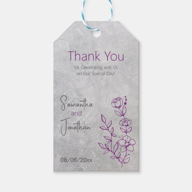 Graue und Lila Hochzeitstiftmarke Geschenkanhänger (Vorderseite)